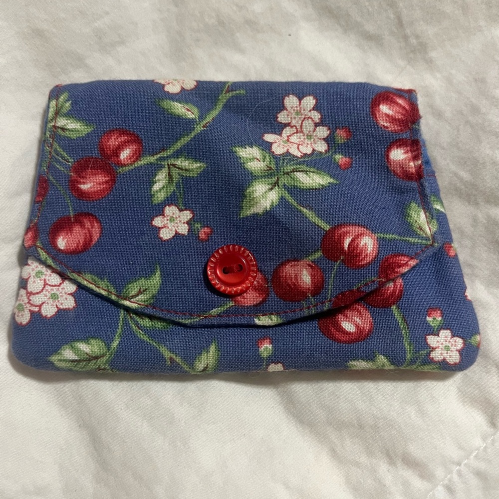 Floral Cherry Print Blue Card Pouch